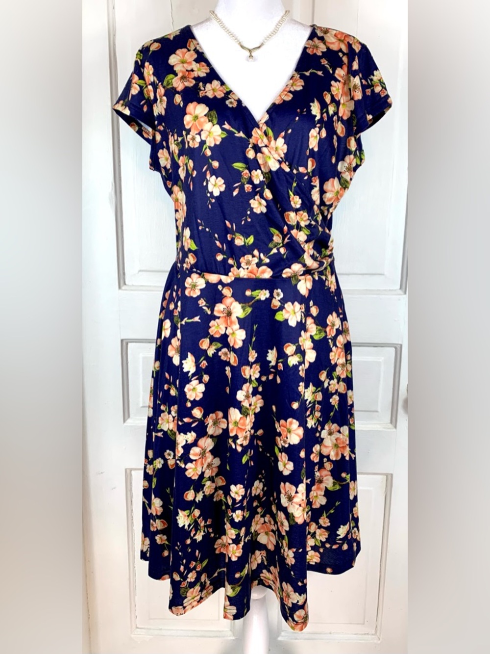 Oxiuly Cap Sleeve V-Neck Navy Blue Floral Dress w/ Side Zipper - NWT - 2XL